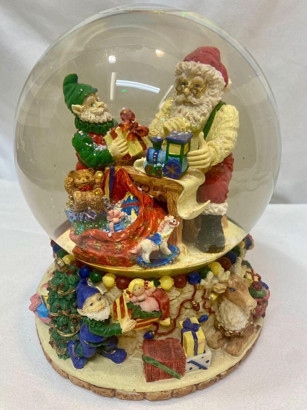 Traditions Christmas Large Musical Snow Water Globe Santa & Elf Preparing Sleigh